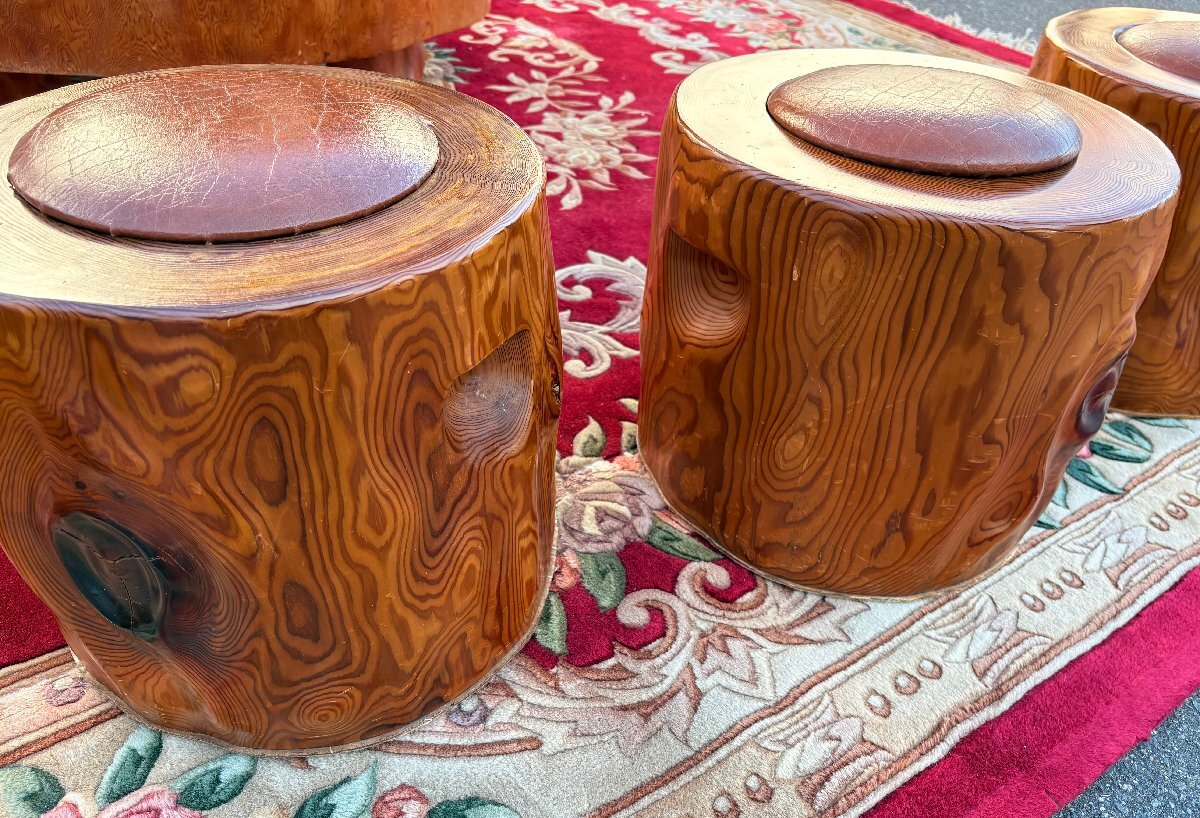 屋久杉 ローテーブル 机 椅子 イス 6脚セット 天然瘤材 ガラス天板 認定シール 極上杢目 屋久杉テーブル 一枚丸太造形 f0007_画像8