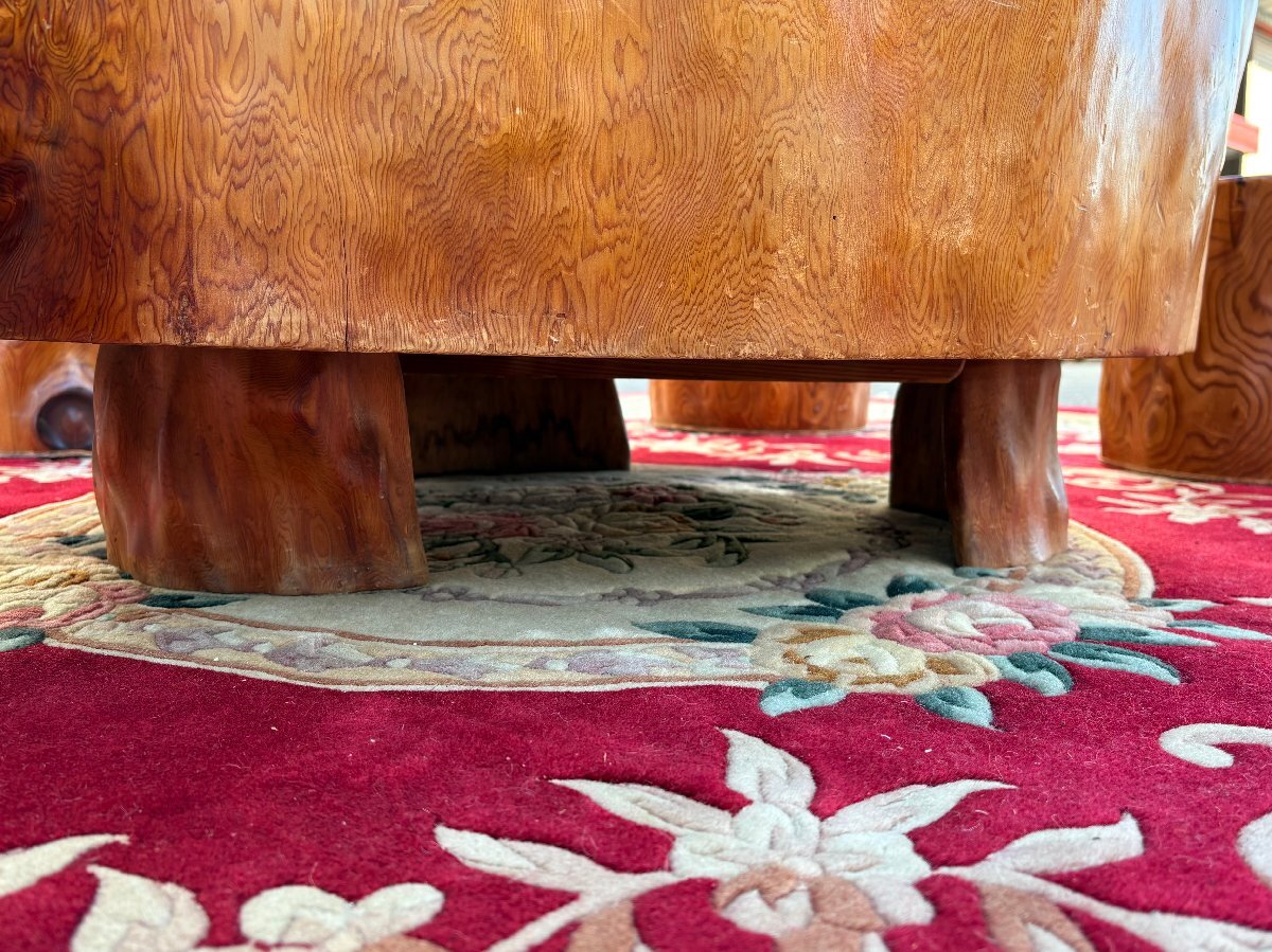 屋久杉 ローテーブル 机 椅子 イス 6脚セット 天然瘤材 ガラス天板 認定シール 極上杢目 屋久杉テーブル 一枚丸太造形 f0007_画像5