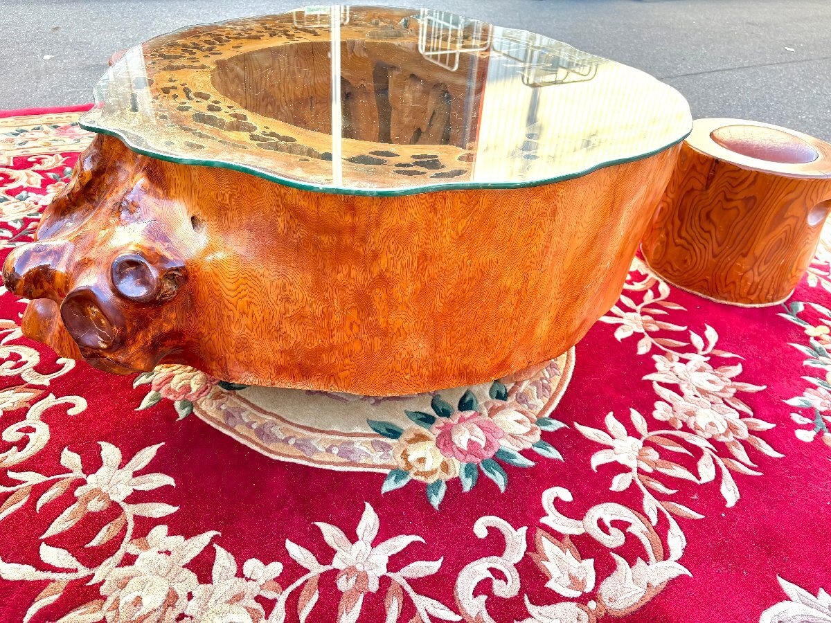 屋久杉 ローテーブル 机 椅子 イス 6脚セット 天然瘤材 ガラス天板 認定シール 極上杢目 屋久杉テーブル 一枚丸太造形 f0007_画像2