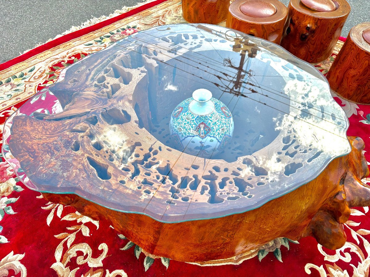 屋久杉 ローテーブル 机 椅子 イス 6脚セット 天然瘤材 ガラス天板 認定シール 極上杢目 屋久杉テーブル 一枚丸太造形 f0007_画像4