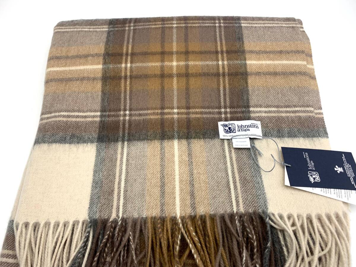 未使用品 ジョンストンズ Johnstons カシミヤ Cashmereストール マフラー 大判 ナチュラルドレススチュワート タータンチェック チェック柄_画像1
