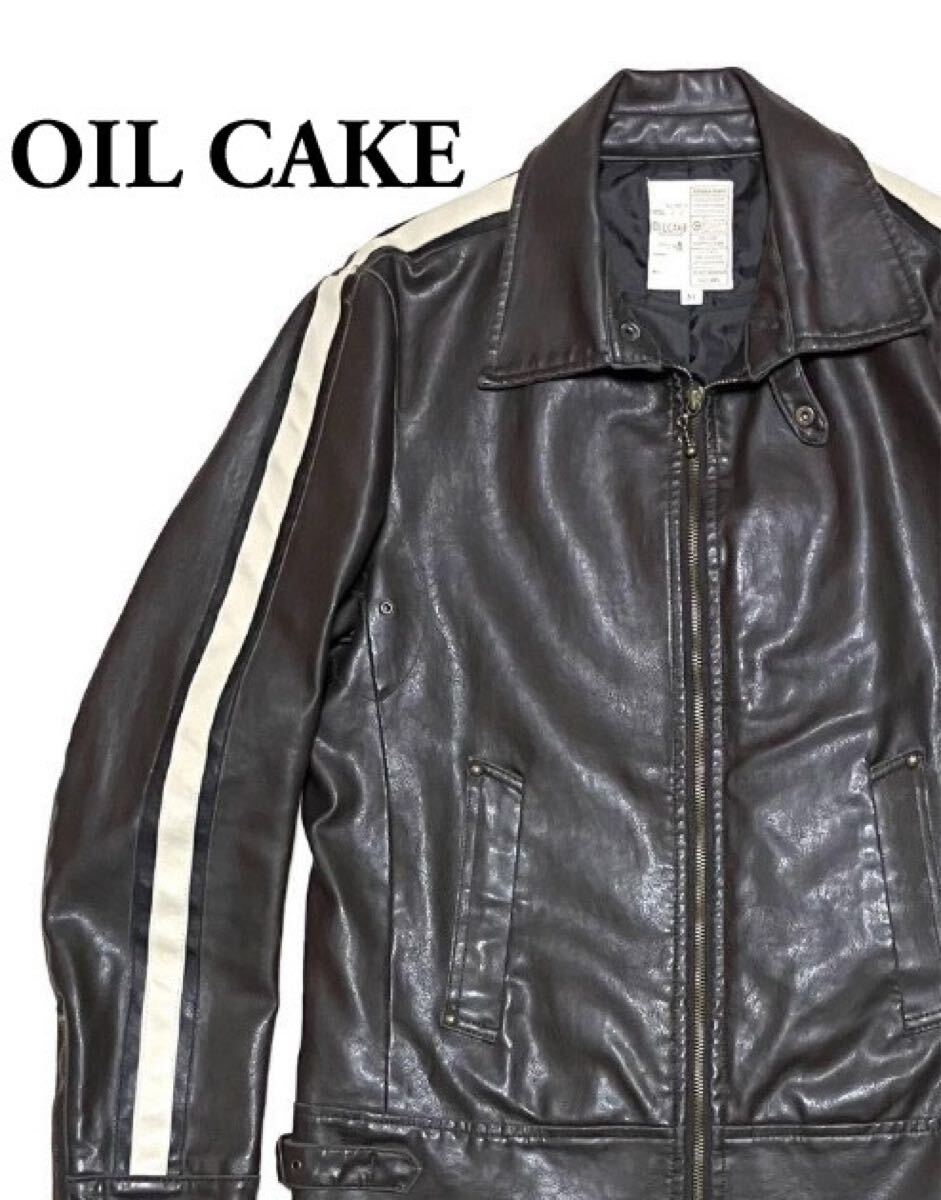 送料無料 OIL CAKE フェイクレザー サイドライン シングルライダースジャケット クリーニング済み_画像1
