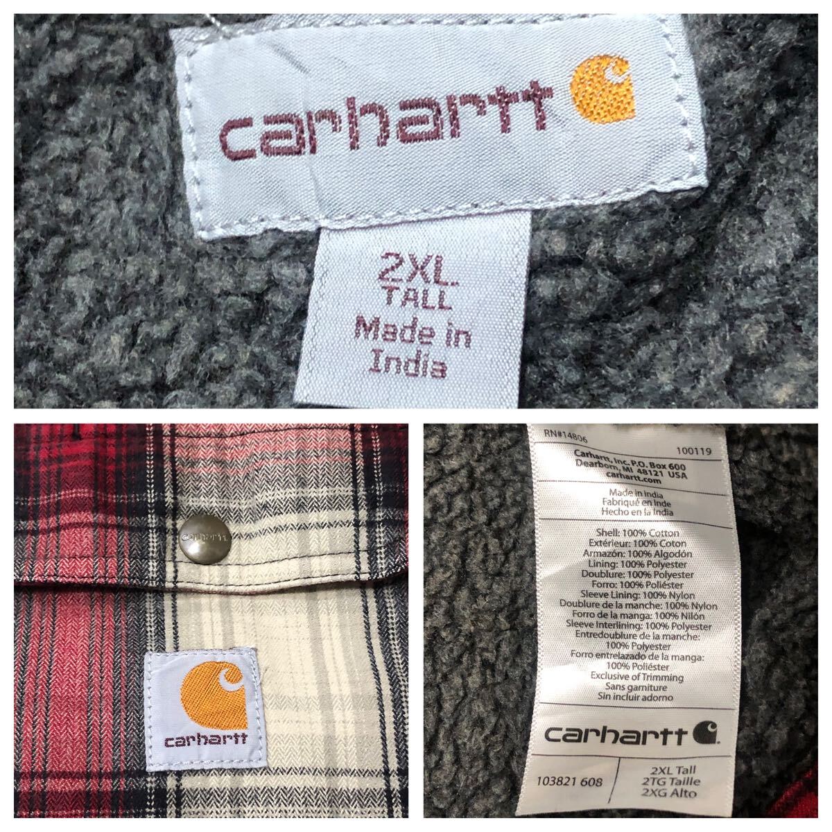 【送料無料】Carhartt裏ボア長袖シャツジャケット チェック柄 メンズ2XL TALLサイズ カーハートブルゾンアウター_画像9