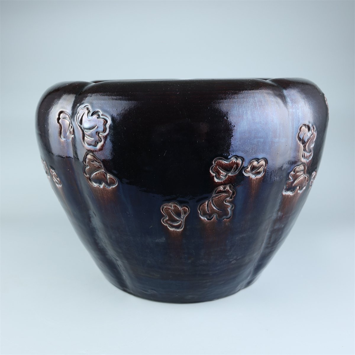 【志】K1778 火鉢 永楽善五郎作 紫交趾 花文 茶道具 共箱_画像4