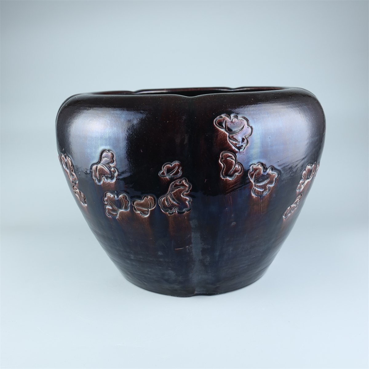 【志】K1778 火鉢 永楽善五郎作 紫交趾 花文 茶道具 共箱_画像3