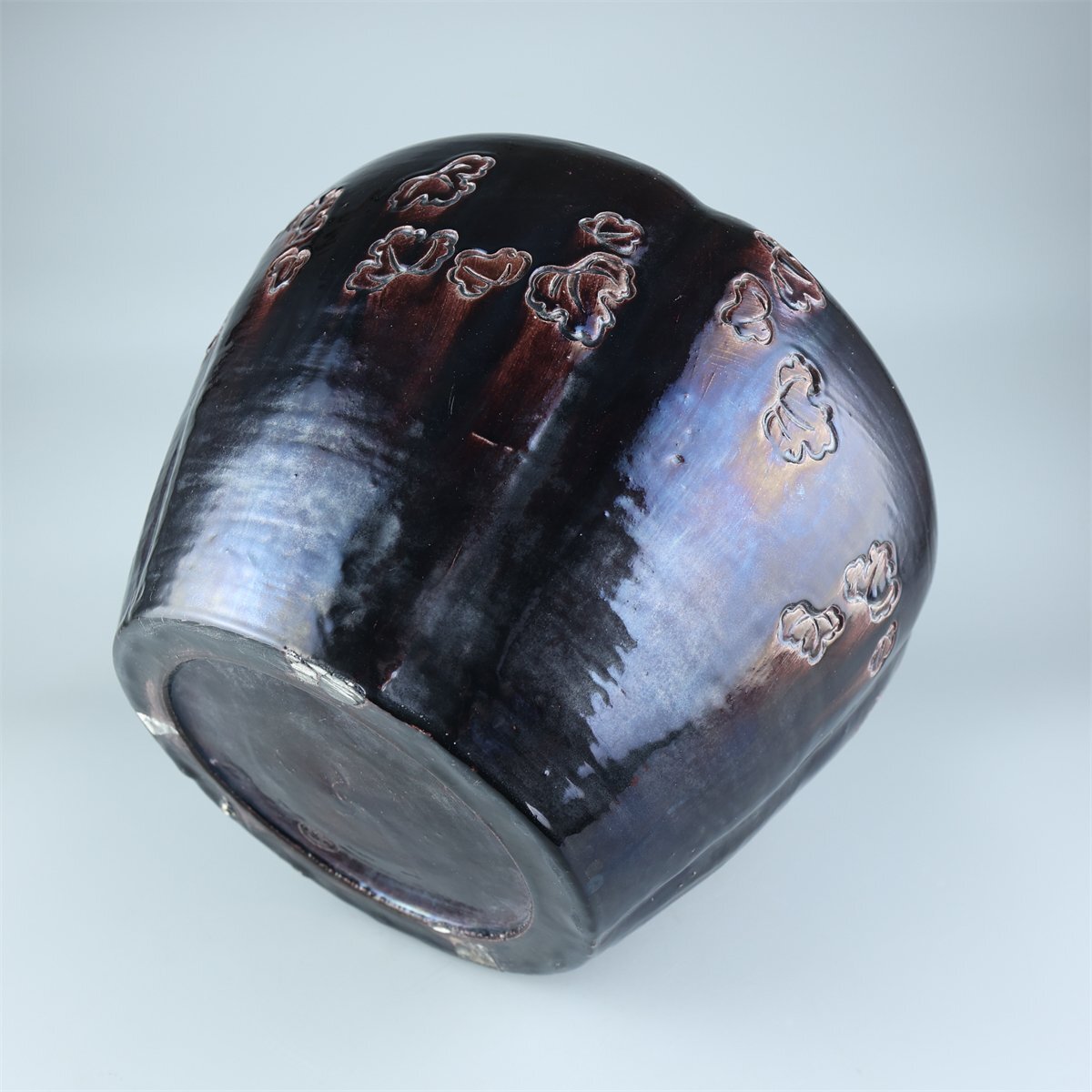 【志】K1778 火鉢 永楽善五郎作 紫交趾 花文 茶道具 共箱_画像7