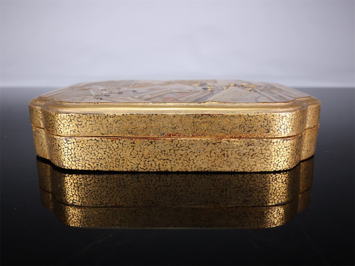 【志】A190 時代 【本金彩蒔絵】 金銀象嵌 内梨地 山水紋 硯箱／箱付｛＊＝_画像4