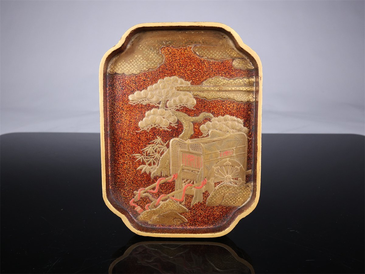 【志】A190 時代 【本金彩蒔絵】 金銀象嵌 内梨地 山水紋 硯箱／箱付｛＊＝_画像8