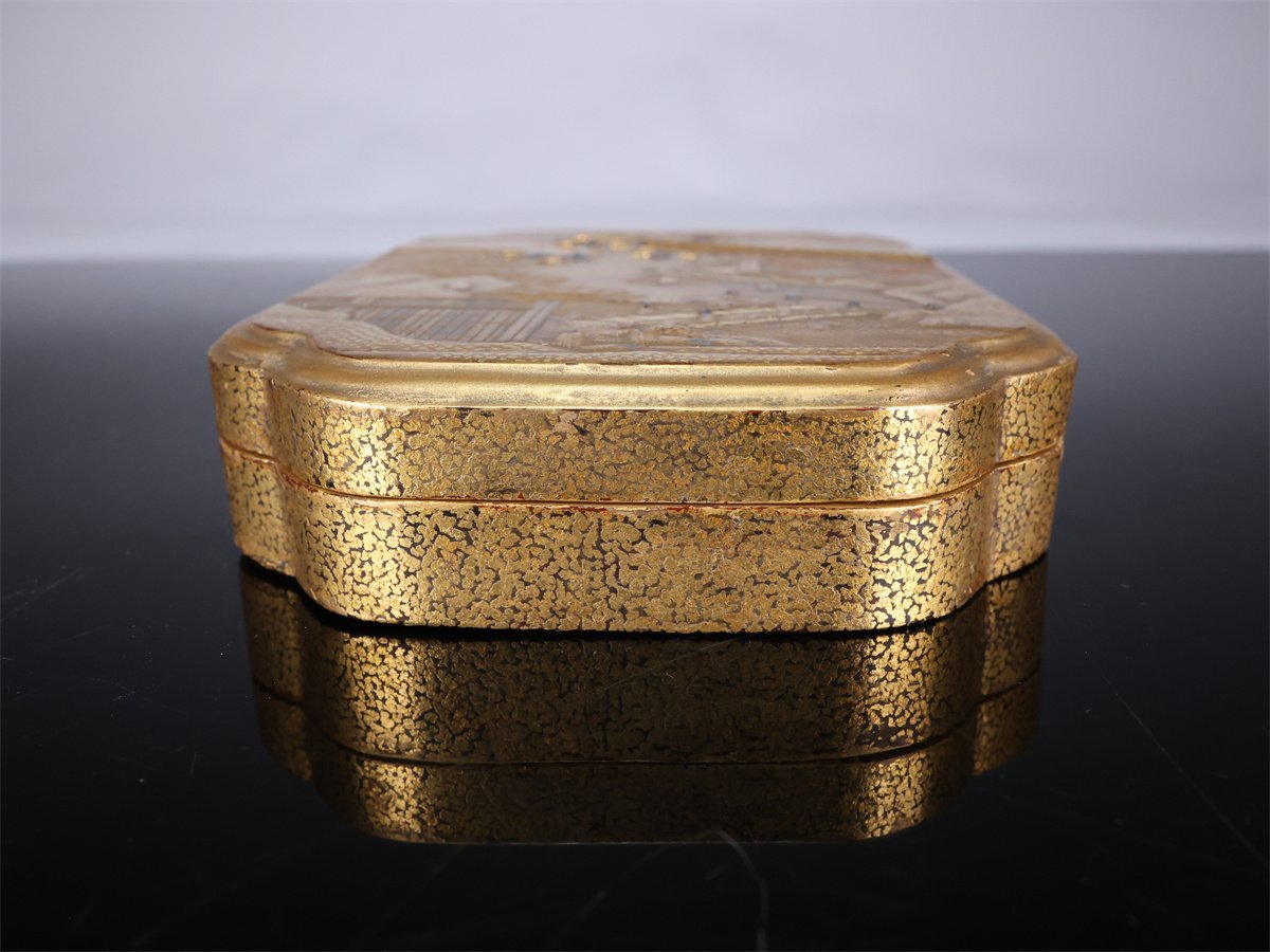 【志】A190 時代 【本金彩蒔絵】 金銀象嵌 内梨地 山水紋 硯箱／箱付｛＊＝_画像3