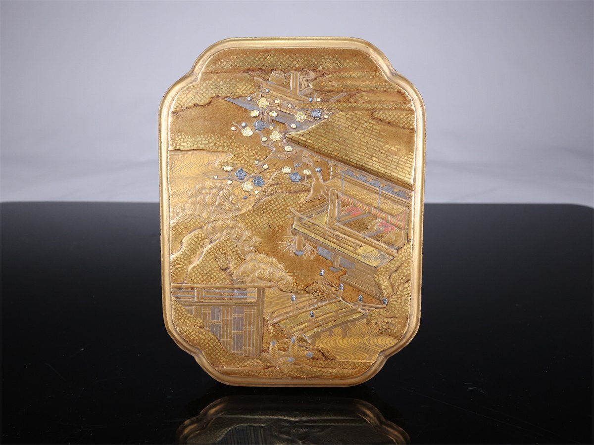【志】A190 時代 【本金彩蒔絵】 金銀象嵌 内梨地 山水紋 硯箱／箱付｛＊＝_画像5