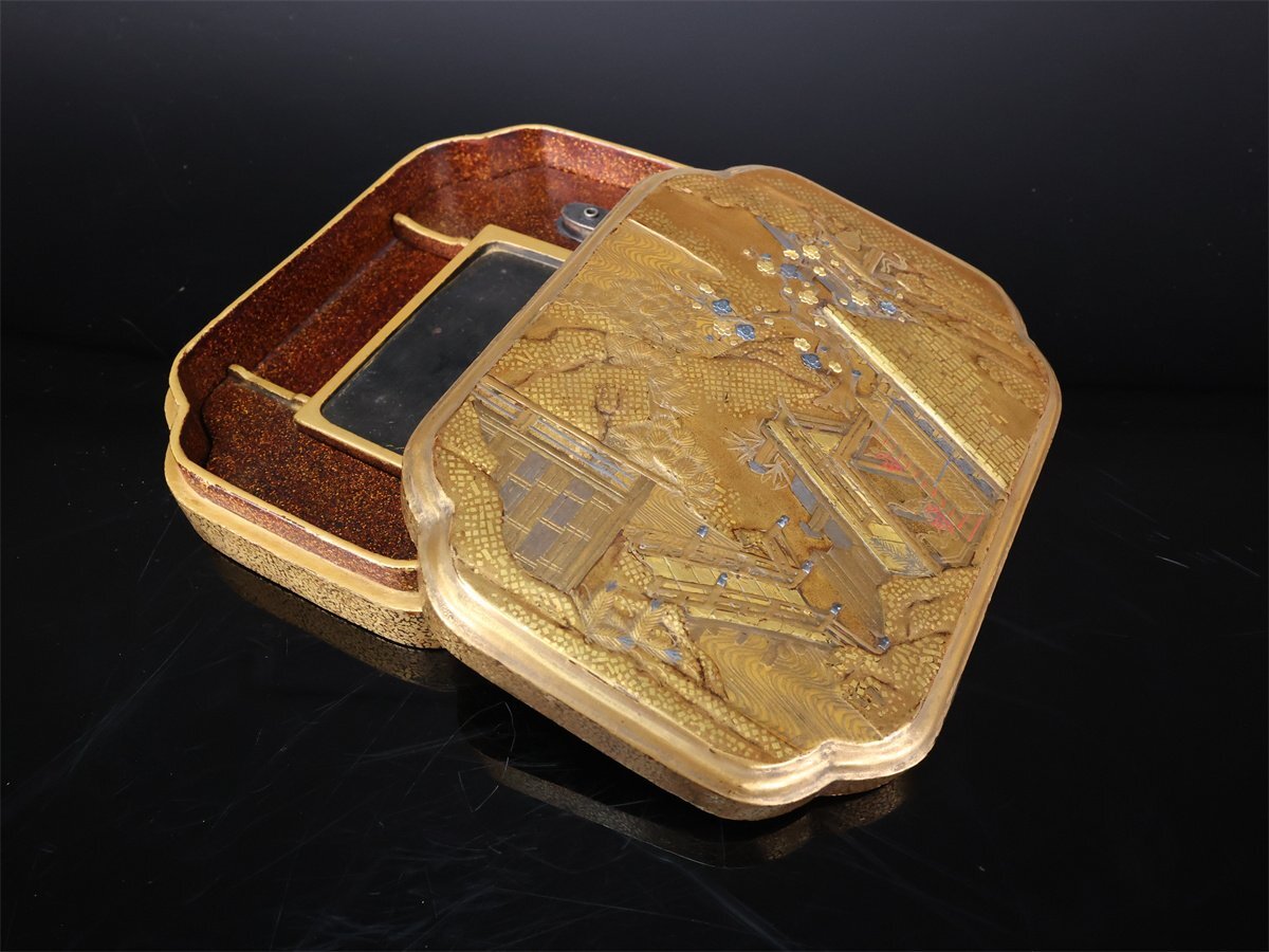 【志】A190 時代 【本金彩蒔絵】 金銀象嵌 内梨地 山水紋 硯箱／箱付｛＊＝_画像2