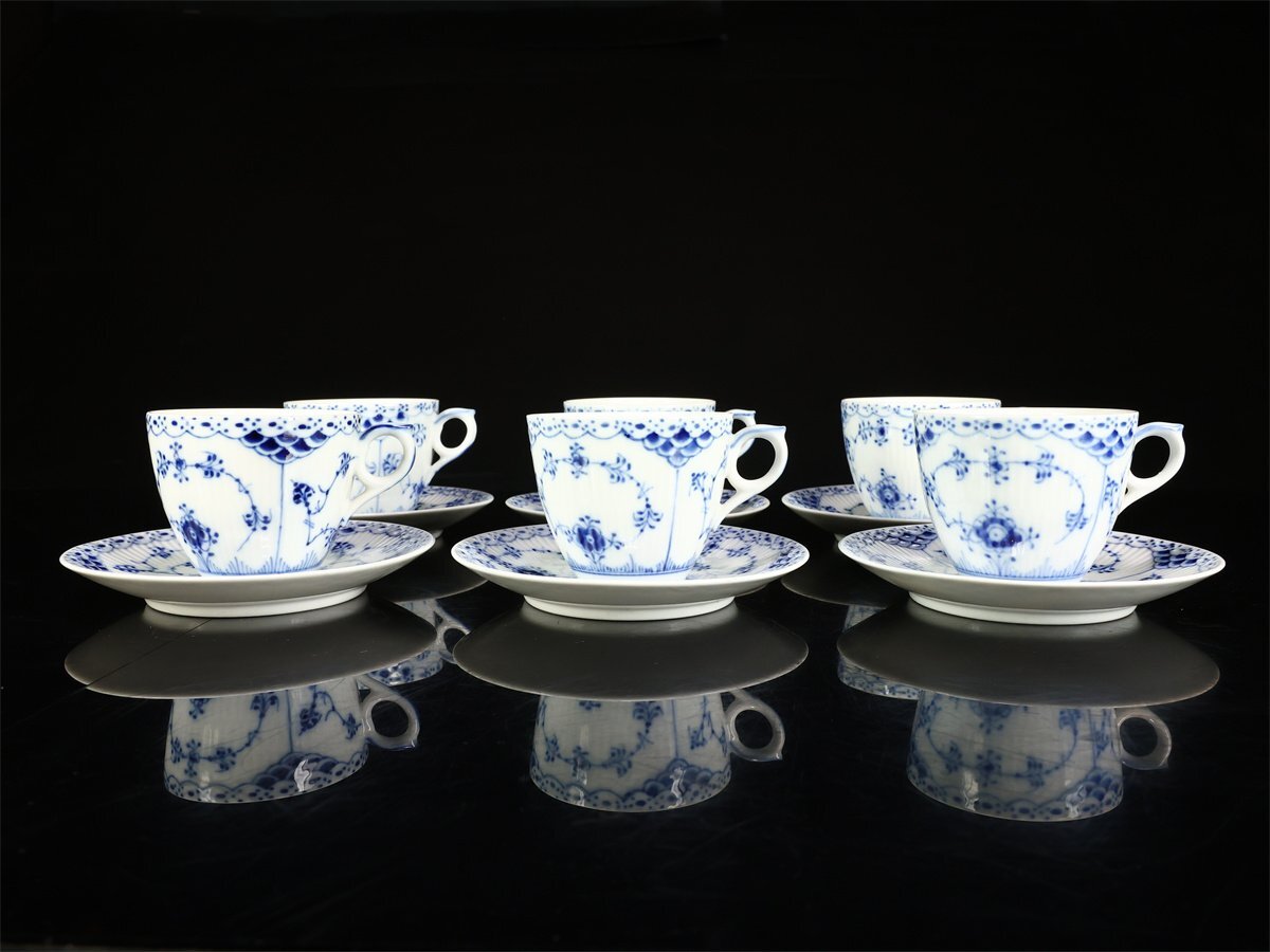 【吉】CM623 ROYAL COPENHARGEN 【ロイヤルコペンハーゲン】 ブルーフルーテッド カップ＆ソーサー 6組 12点セット／美品！_画像2