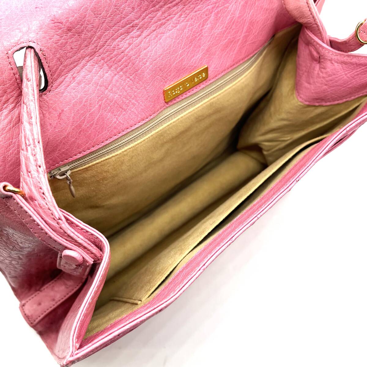 ■【良品】ロッソヴェルデ オーストリッチ 2WAY ハンド ショルダー バッグ 駝鳥 ダチョウ 本革 レザー Rosso e Verde ピンク ゴールド金具_画像9