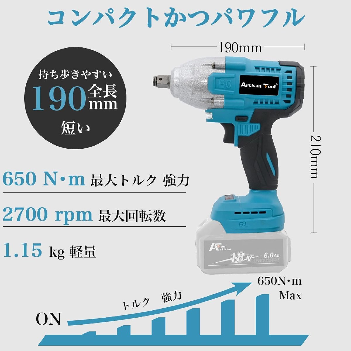 アルチザンツール 電動インパクトレンチ 充電式 AT-IR01B マキタ18V対応 トルク650Nm 1/2インチ(12.7ミリ)バッテリー別売り_画像4