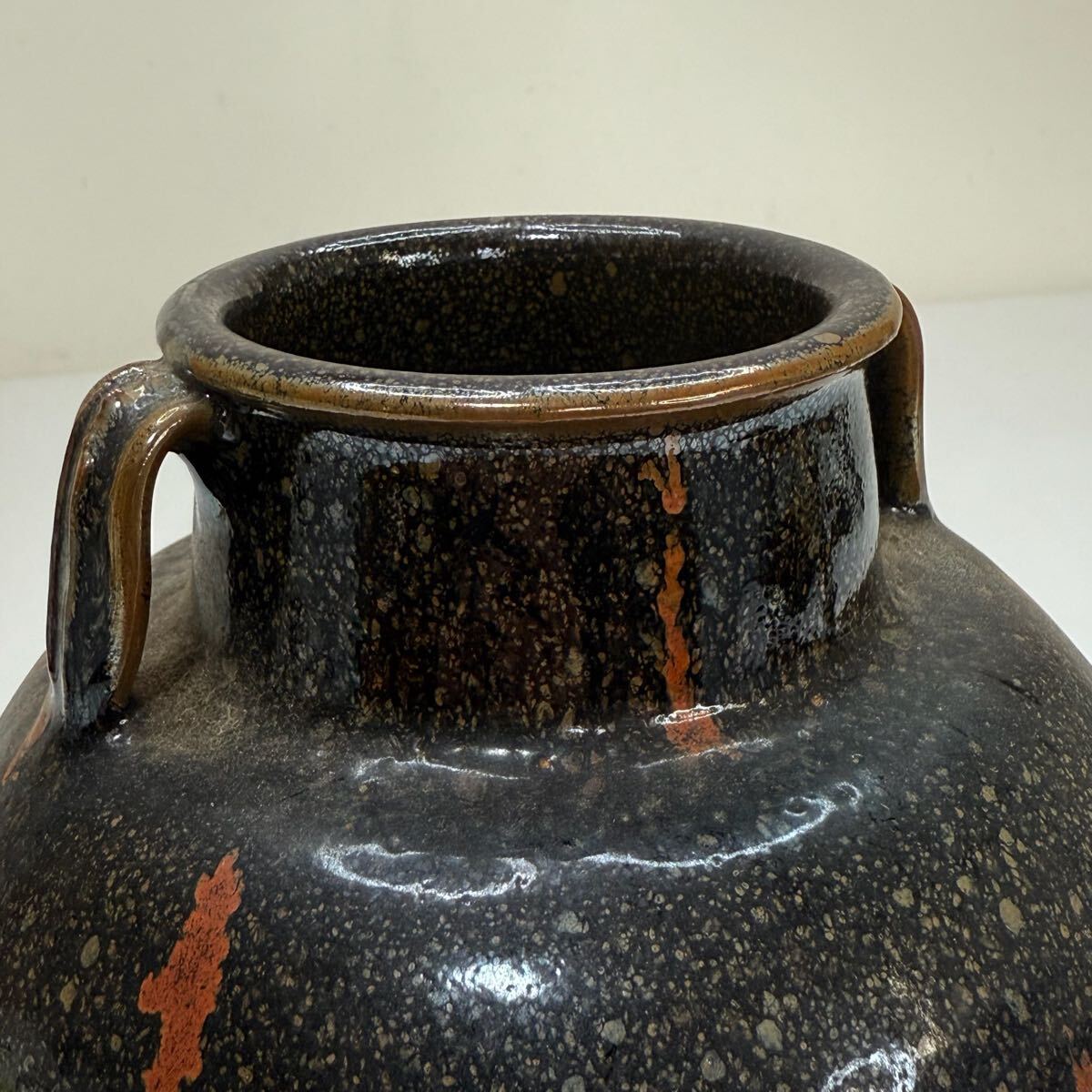 GY-中国古美術 時代物 花瓶 色絵 花生 花器 鐵斑釉 耳付 唐物 陶磁器 中国古玩 骨董品_画像6