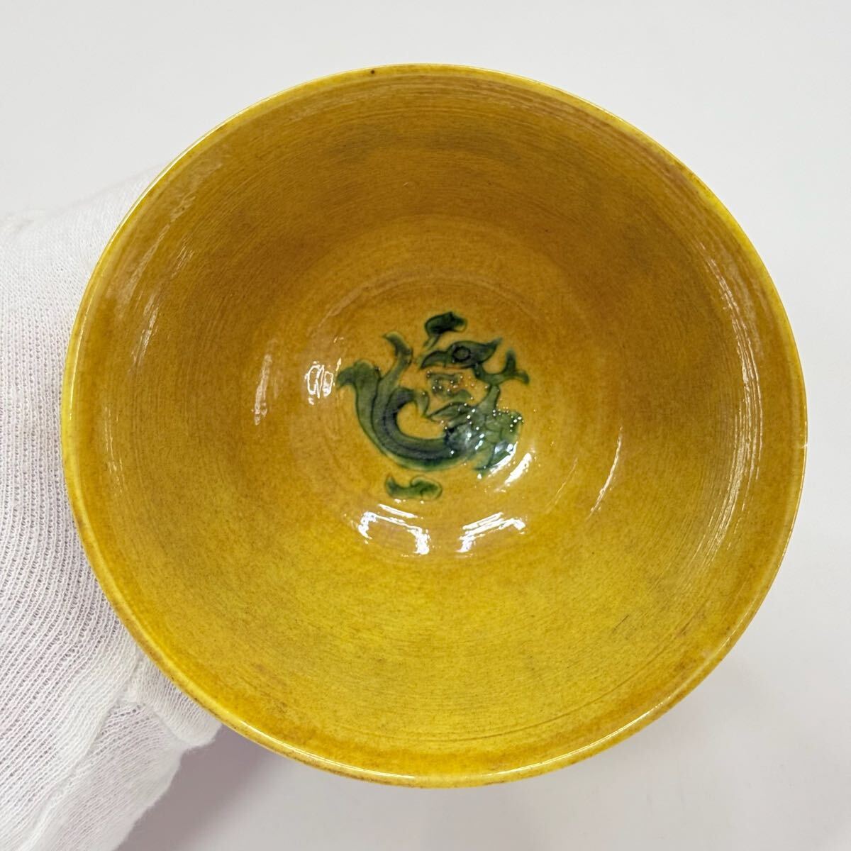 CBW-中国古美術 時代物 盃 杯 色絵 地緑彩 龍図 在銘 大明嘉靖年製 ペア 茶道具 唐物 陶磁器 中国古玩 骨董品_画像4