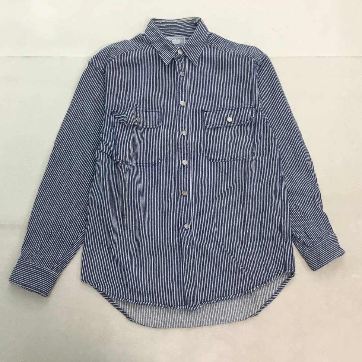 ■SEVENTH CLUB セブンス・クラブ デニム ワークシャツ 長袖 トップス コットン M メンズ ヒッコリーストライプ 2ポケット 0.6kg_画像1