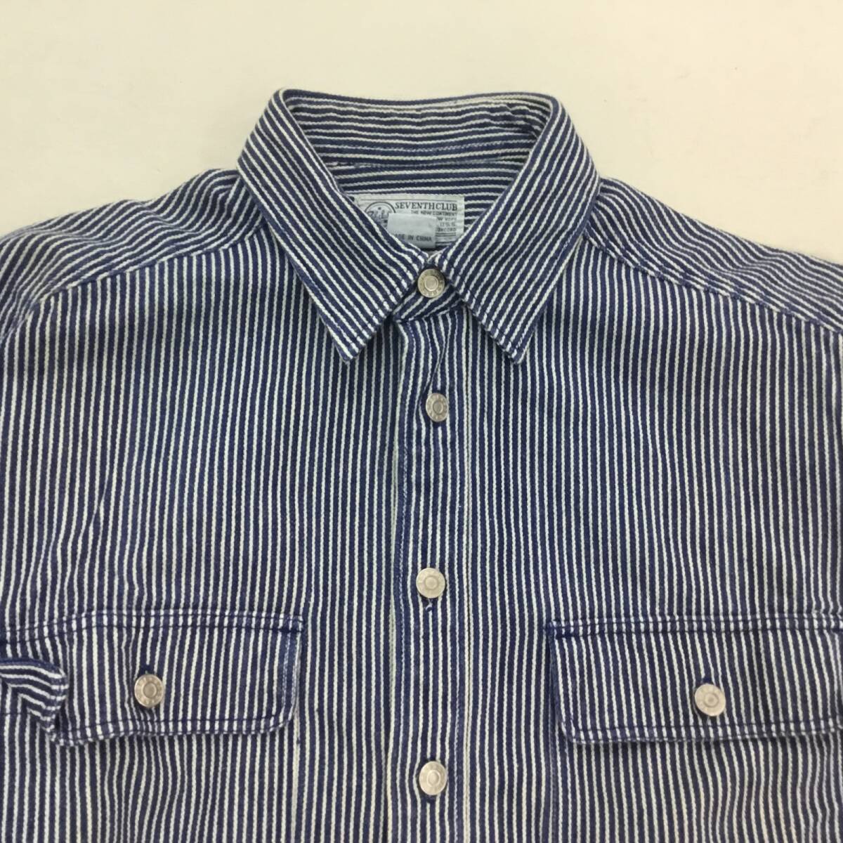 ■SEVENTH CLUB セブンス・クラブ デニム ワークシャツ 長袖 トップス コットン M メンズ ヒッコリーストライプ 2ポケット 0.6kg_画像3
