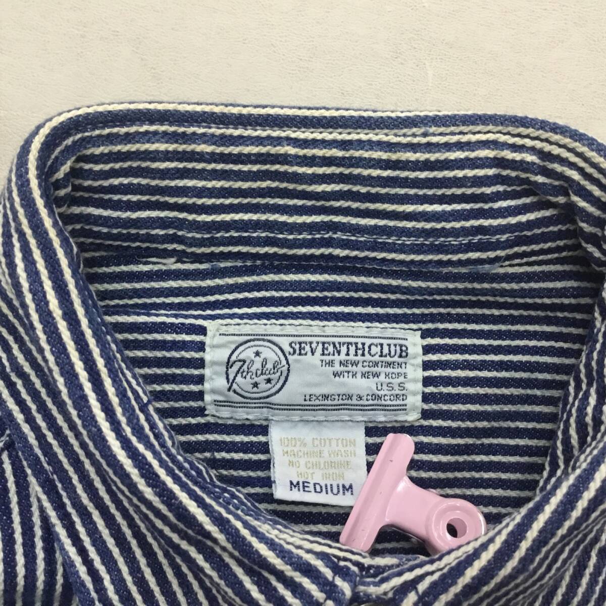 ■SEVENTH CLUB セブンス・クラブ デニム ワークシャツ 長袖 トップス コットン M メンズ ヒッコリーストライプ 2ポケット 0.6kg_画像7