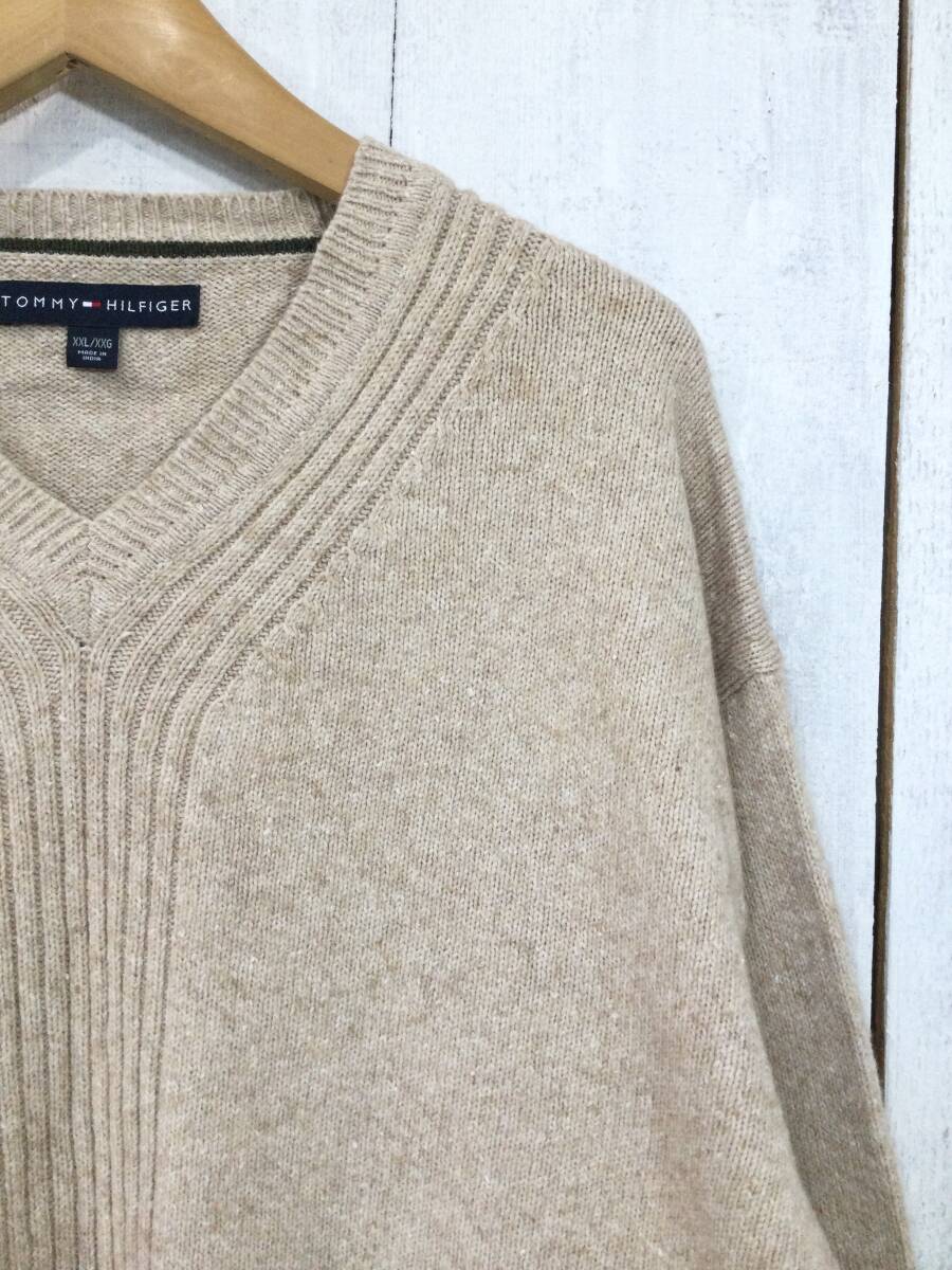 TOMMY HILFIGER トミーヒルフィガー Vネック コットン×ラムウール×ナイロンニット セーター メンズXXL 大きめ 毛羽立ちあり_画像3