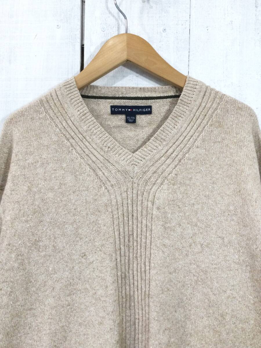 TOMMY HILFIGER トミーヒルフィガー Vネック コットン×ラムウール×ナイロンニット セーター メンズXXL 大きめ 毛羽立ちあり_画像2