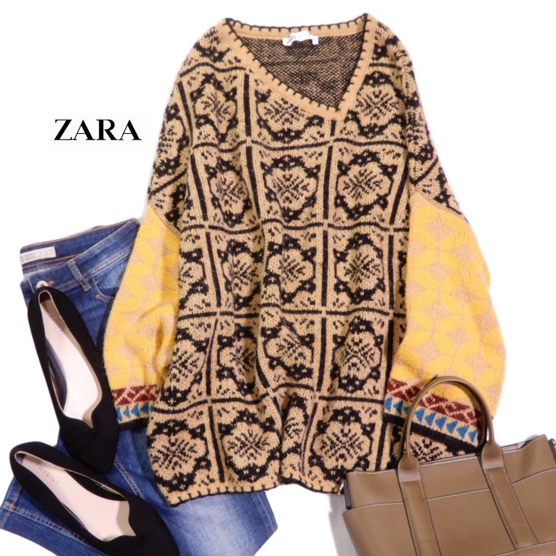 ザラ ZARA 大人可愛い☆総柄 変形Vネック オーバーサイズ ワイド ニット プルオーバー XS-S ゆったり_画像1