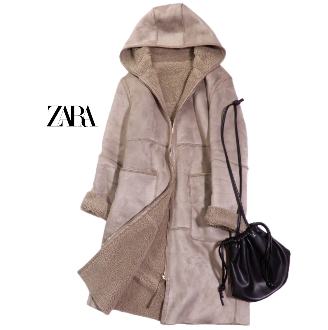 ザラ ZARA BASIC 大人素敵スタイル☆リバーシブル フェイクムートン ボア フード パイピング コート S_画像1