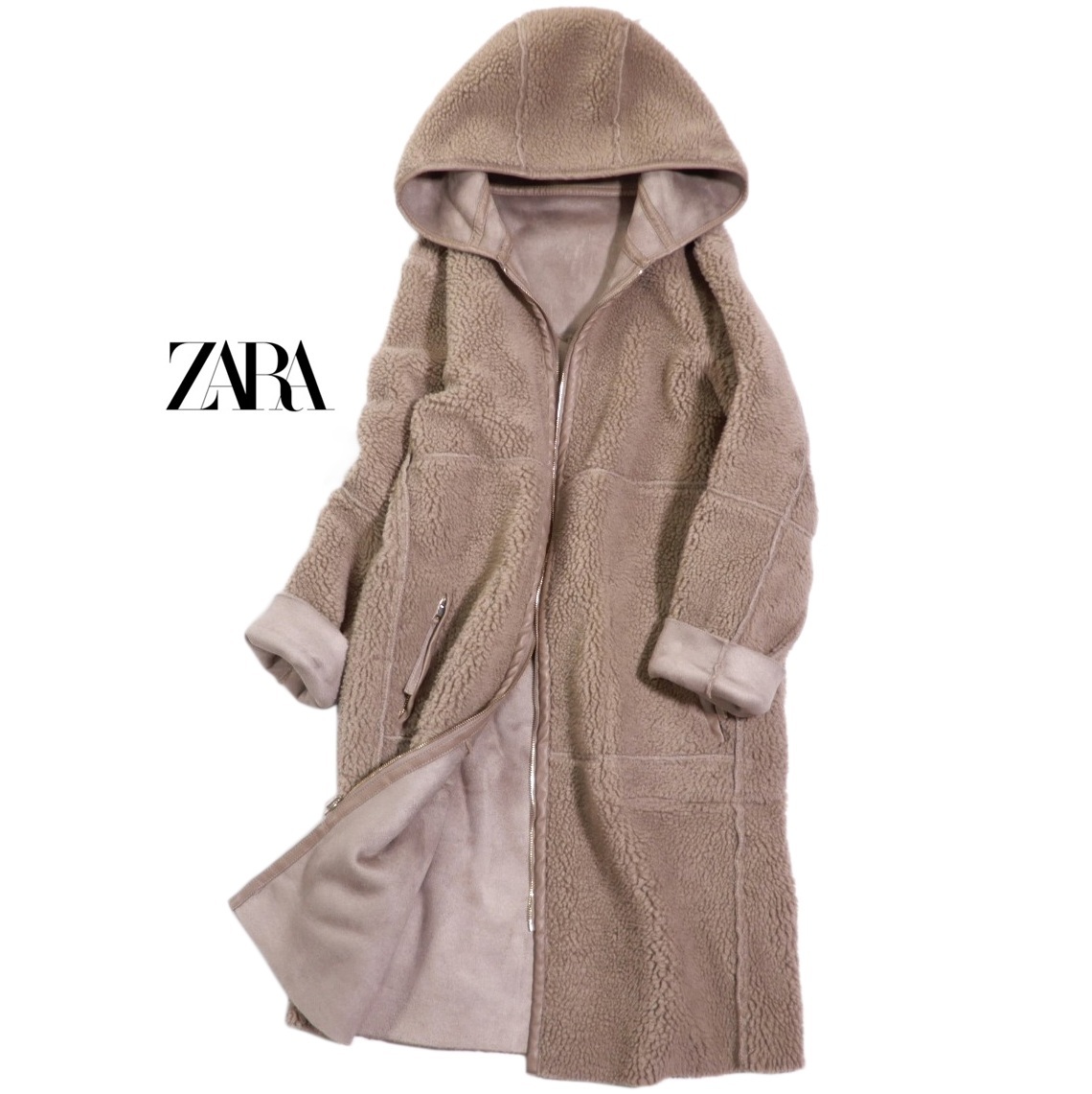 ザラ ZARA BASIC 大人素敵スタイル☆リバーシブル フェイクムートン ボア フード パイピング コート S_画像6