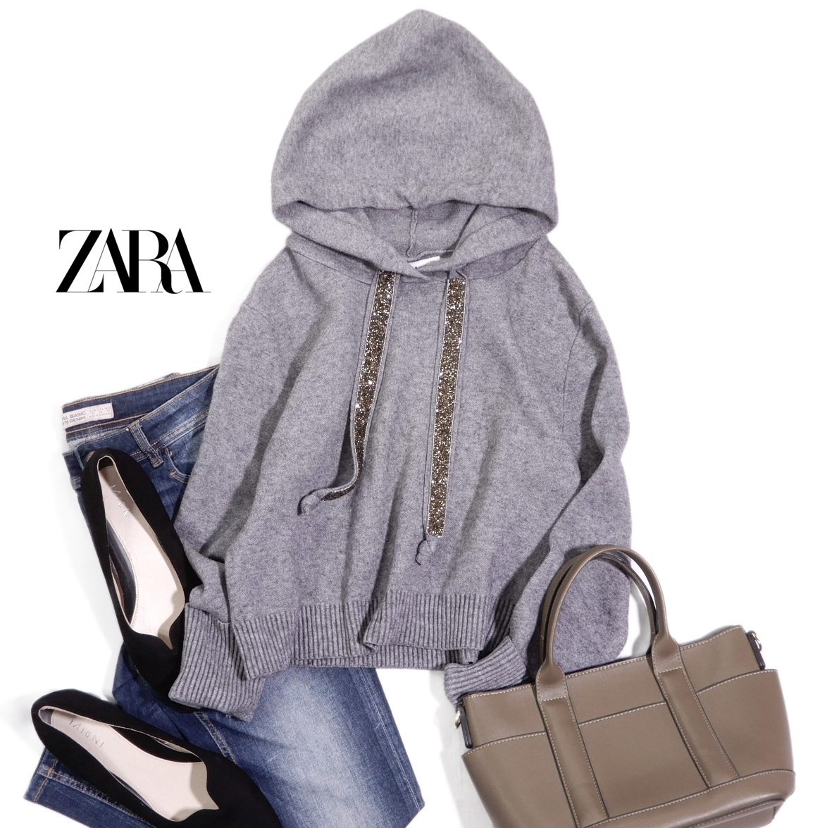 ザラ ZARA KNIT 大人可愛い☆ ビジュービーズ装飾 フード付き ニットプルオーバー L_画像1