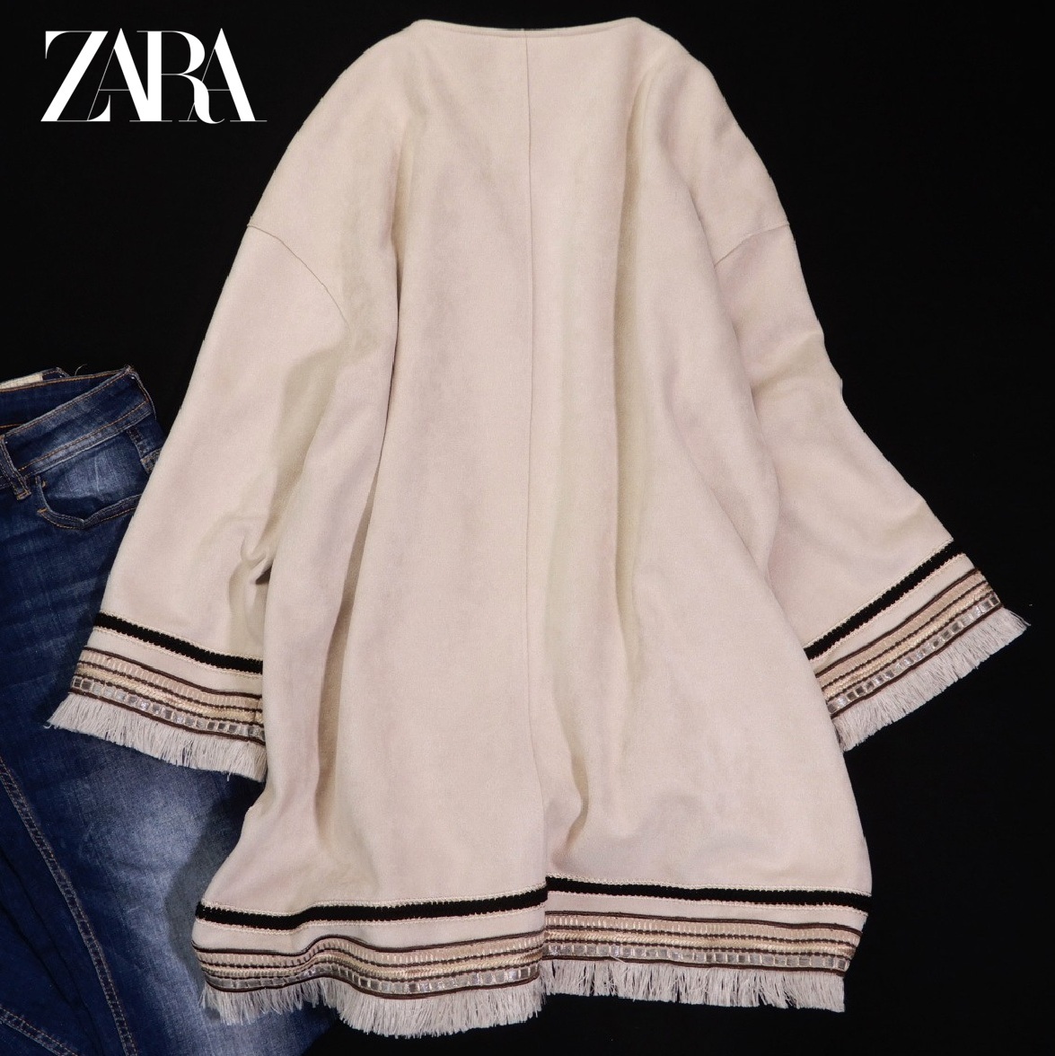 ザラ ZARA 大人素敵スタイル☆ スエード風 刺繍 フリンジ コート M_画像3