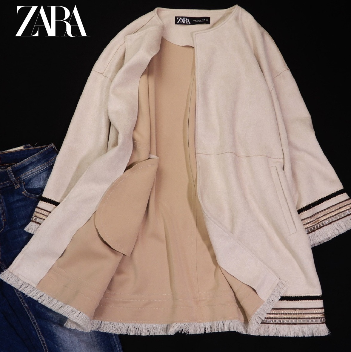 ザラ ZARA 大人素敵スタイル☆ スエード風 刺繍 フリンジ コート M_画像2
