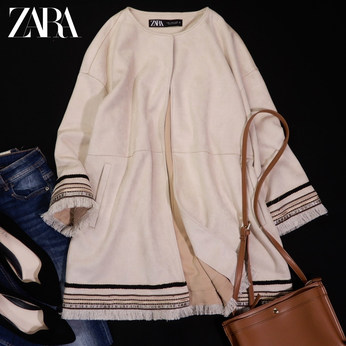 ザラ ZARA 大人素敵スタイル☆ スエード風 刺繍 フリンジ コート M_画像1