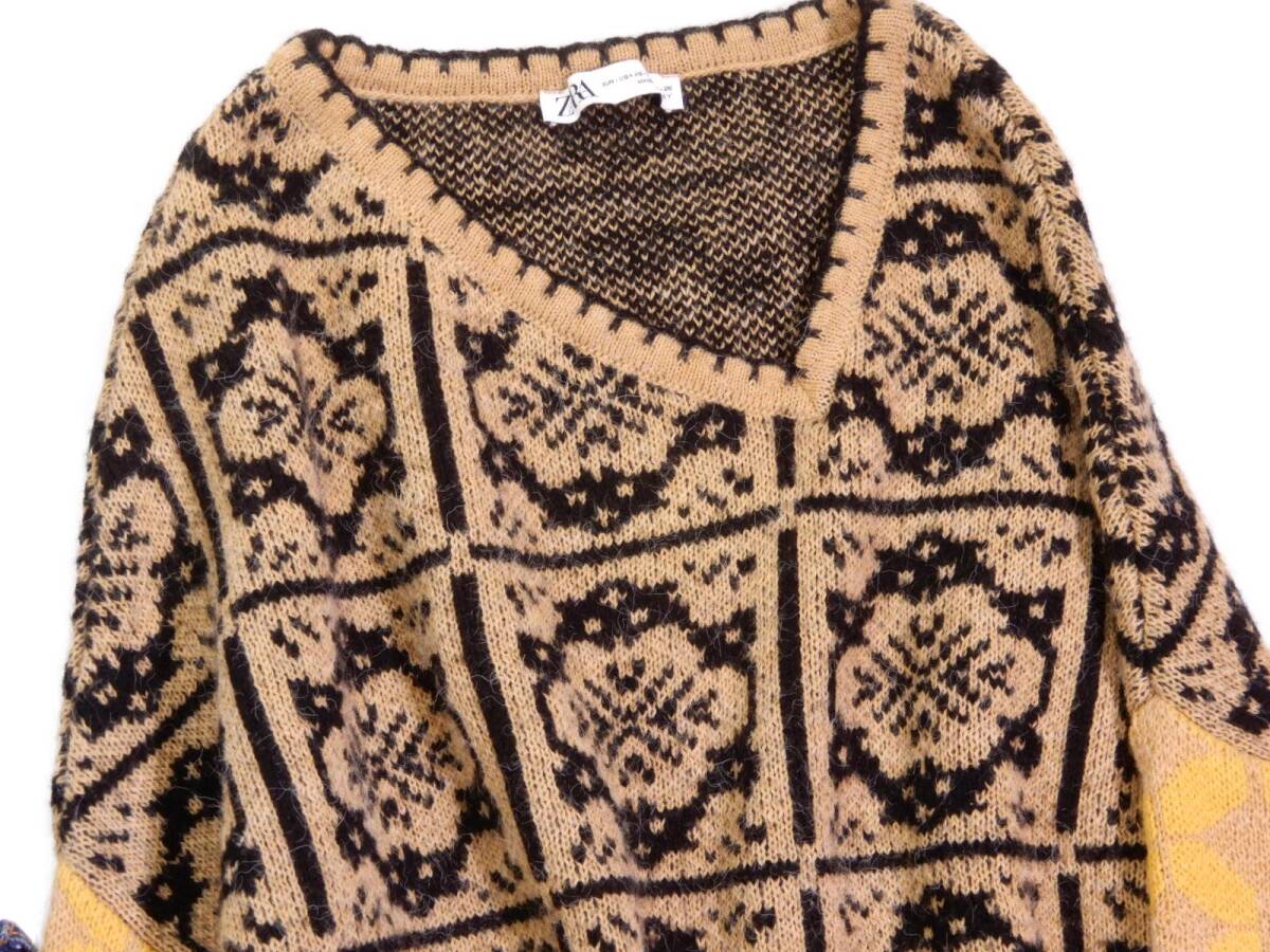 ザラ ZARA 大人可愛い☆総柄 変形Vネック オーバーサイズ ワイド ニット プルオーバー XS-S ゆったり_画像2