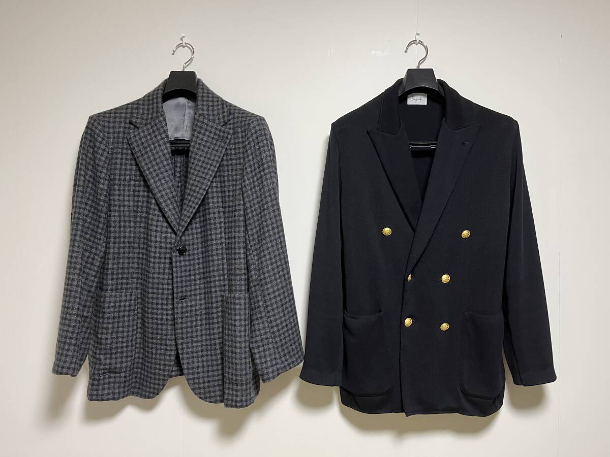 未使用 finjack フィンジャック ヴィンテージカシミヤ チャコールグレー チェック、コットンニットテーラードダブルジャケット、48_画像1