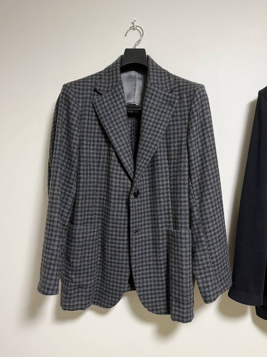 未使用 finjack フィンジャック ヴィンテージカシミヤ チャコールグレー チェック、コットンニットテーラードダブルジャケット、48_画像3