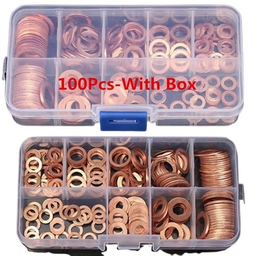 100個 銅 ワッシャー ガスケット ナット 丸型 平 ワッシャー フラット リング シール ボックス付き M8/M10/M12/M14_画像2