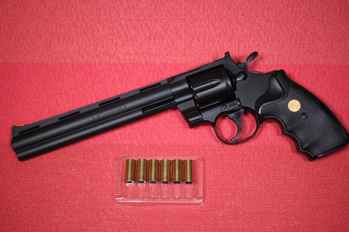 クラウンモデル 薬莢型メタルカートリッジ6発 コルト パイソン 8インチ ハンター マットブラック エアリボルバー エアガン エアコキ_画像1