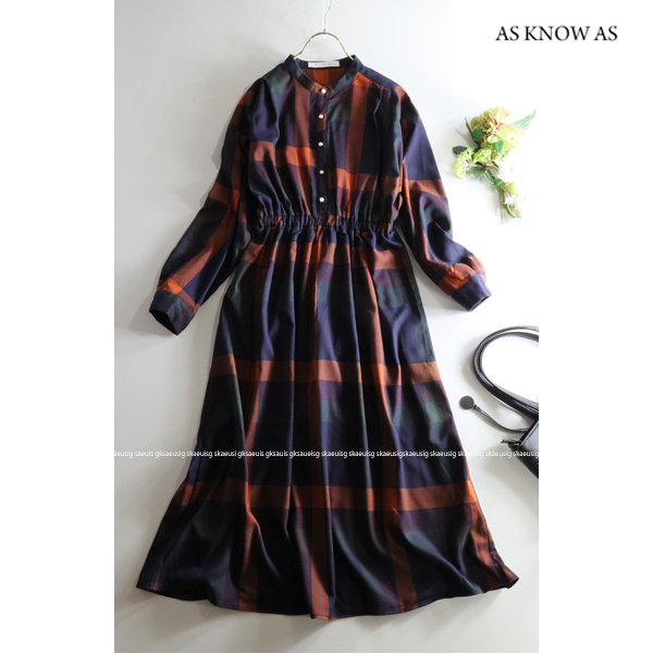 アズノウアズ AS KNOW AS plus★大人可愛い♪パール釦ブロックチェック柄ウエストシャーリングロング丈ワンピース_画像1