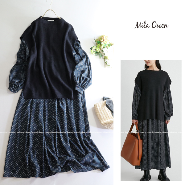 ミラオーウェン Mila Owen★大人可愛い♪ニットベスト＆ドット柄ジョーゼットロング丈ワンピース レイヤード2点セット_画像1