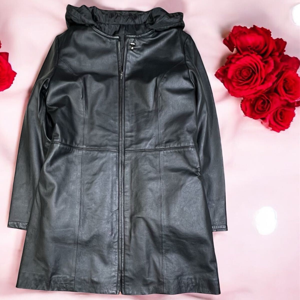 【未使用級】元町ゼラール/Zelal 3way フードダウンベストライナー付き ノーカラーラムレザー ロングコート11AR (L程)レディース/羊革 _画像1