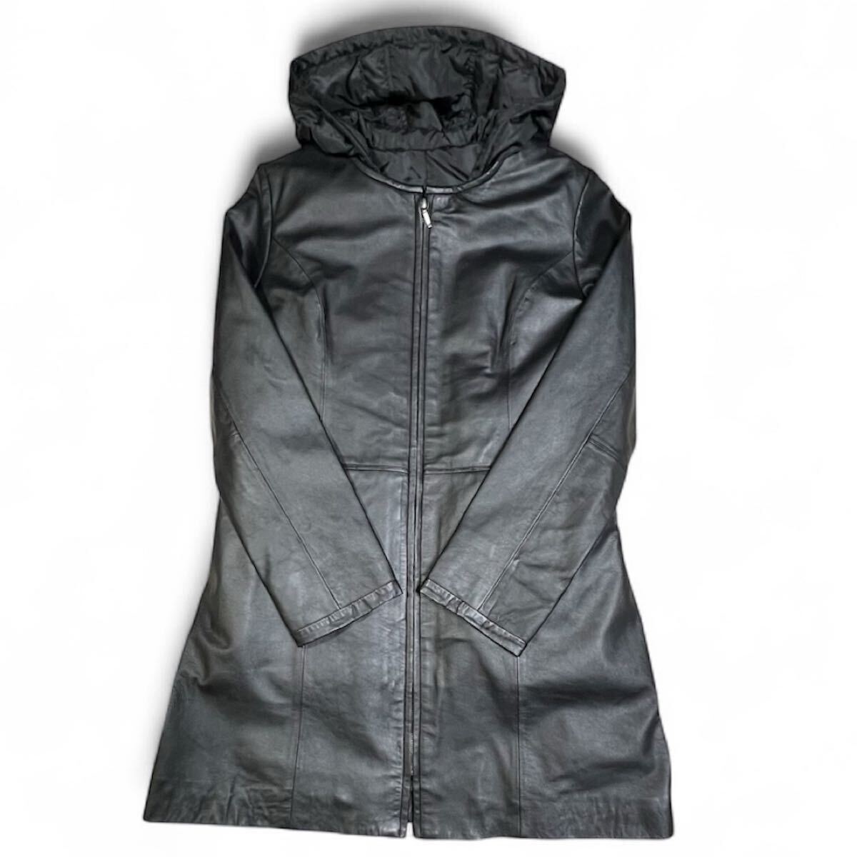 【未使用級】元町ゼラール/Zelal 3way フードダウンベストライナー付き ノーカラーラムレザー ロングコート11AR (L程)レディース/羊革 _画像2