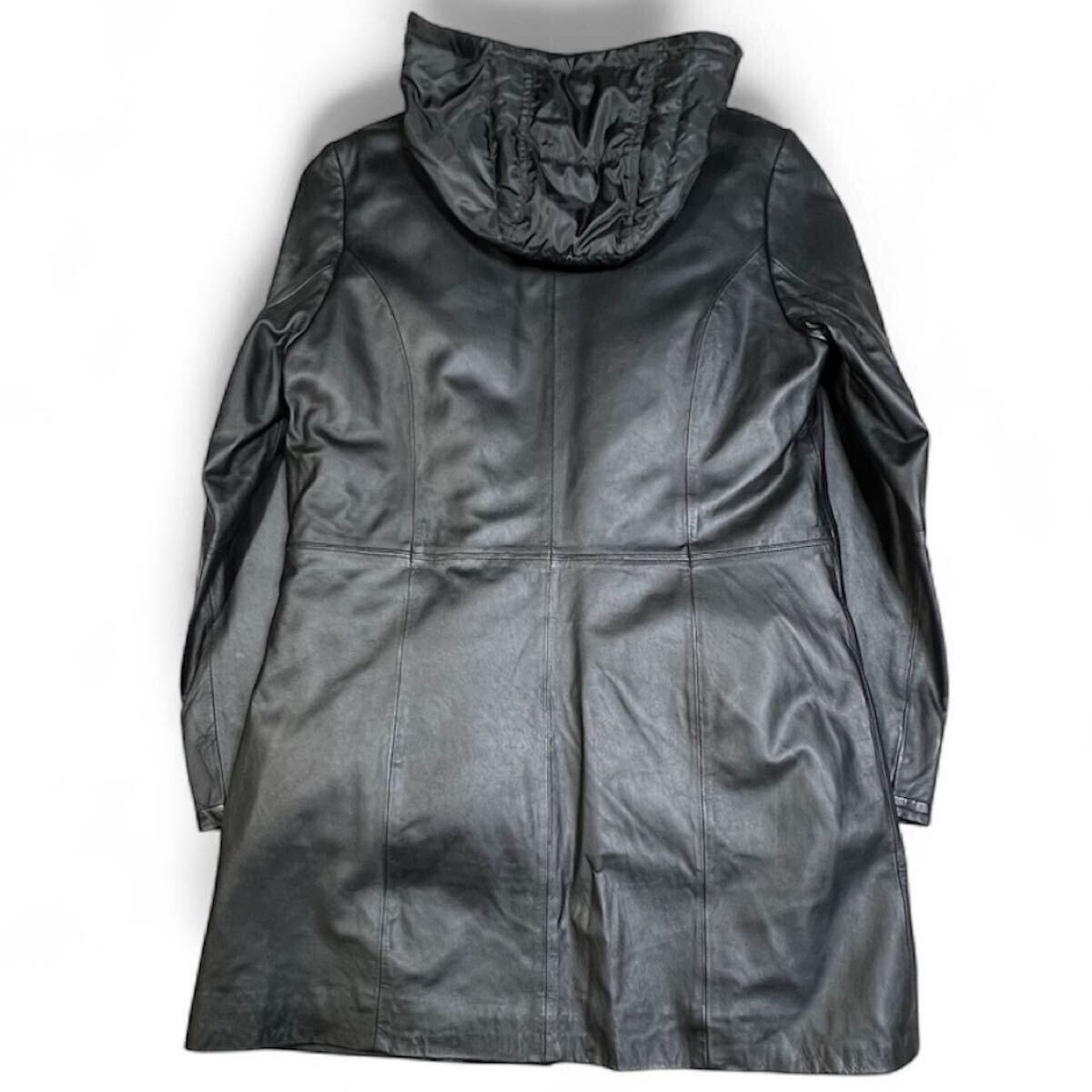 【未使用級】元町ゼラール/Zelal 3way フードダウンベストライナー付き ノーカラーラムレザー ロングコート11AR (L程)レディース/羊革 _画像7