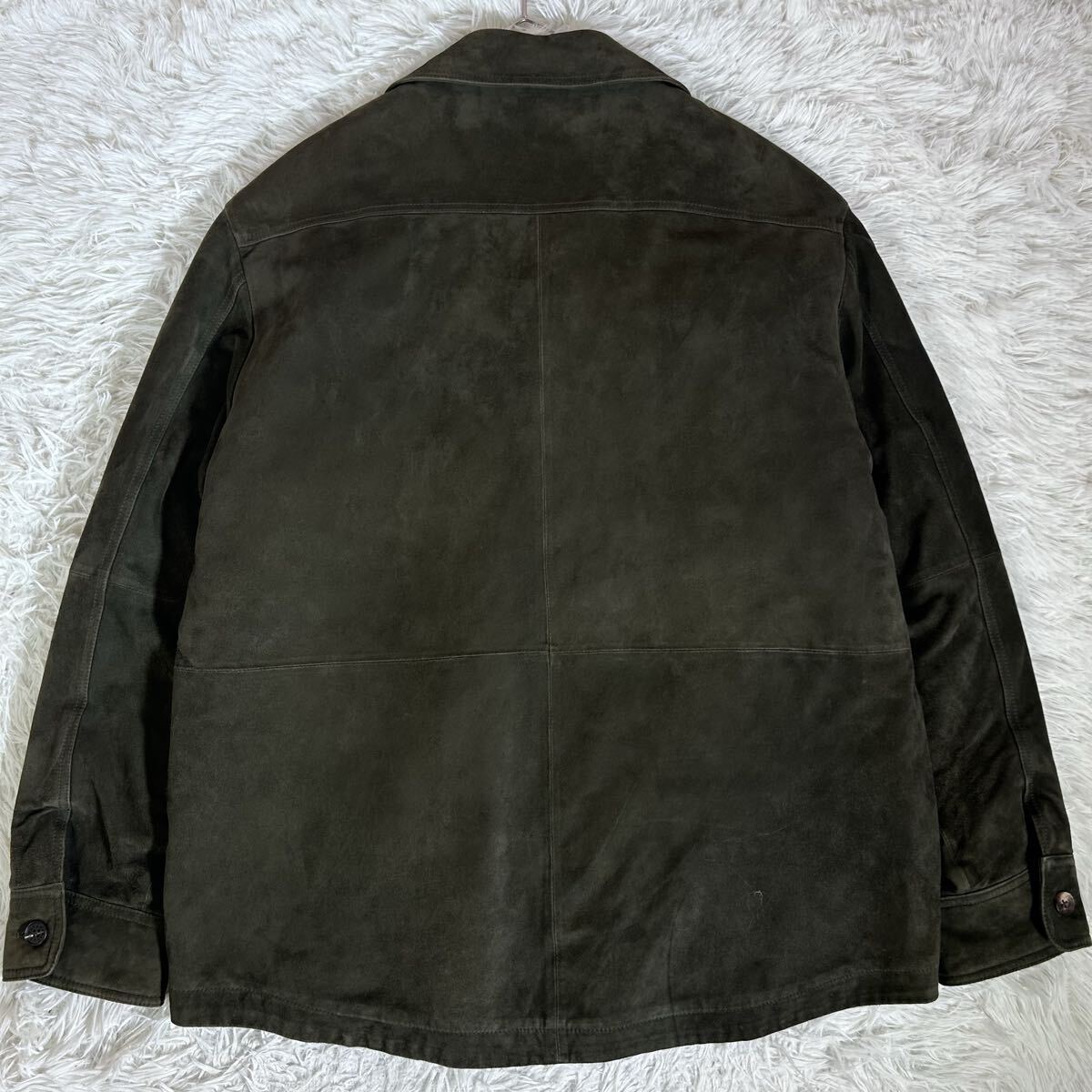 良品【希少!LLサイズ】Papas+ パパス やぎ革 ゴートスエード レザージャケット ブルゾン ダークグリーン 中綿キルティング カバーオール_画像3