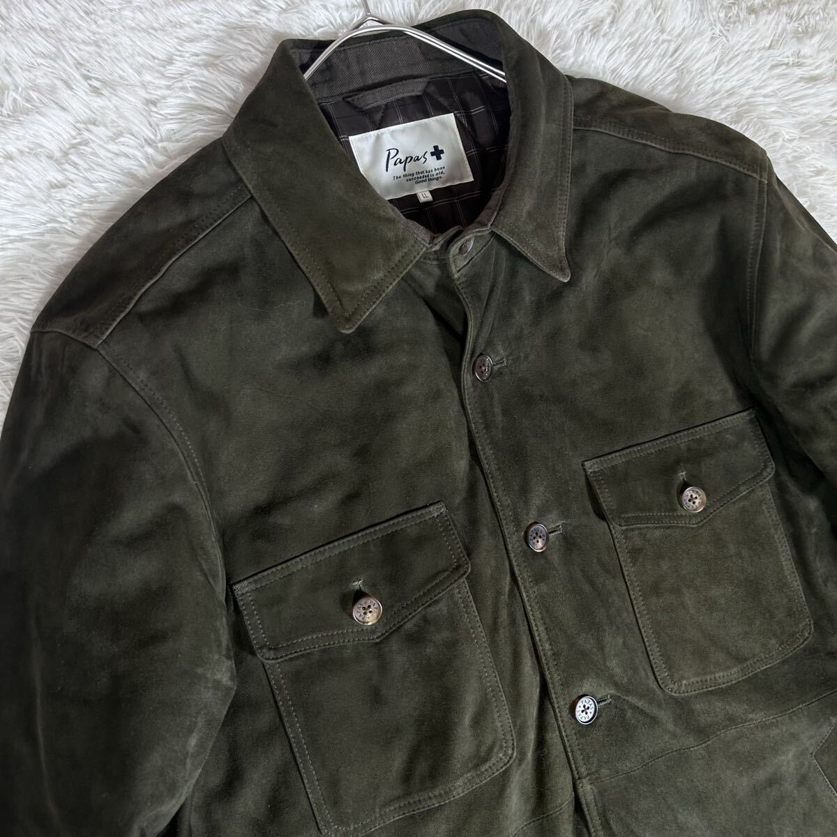 良品【希少!LLサイズ】Papas+ パパス やぎ革 ゴートスエード レザージャケット ブルゾン ダークグリーン 中綿キルティング カバーオール_画像5