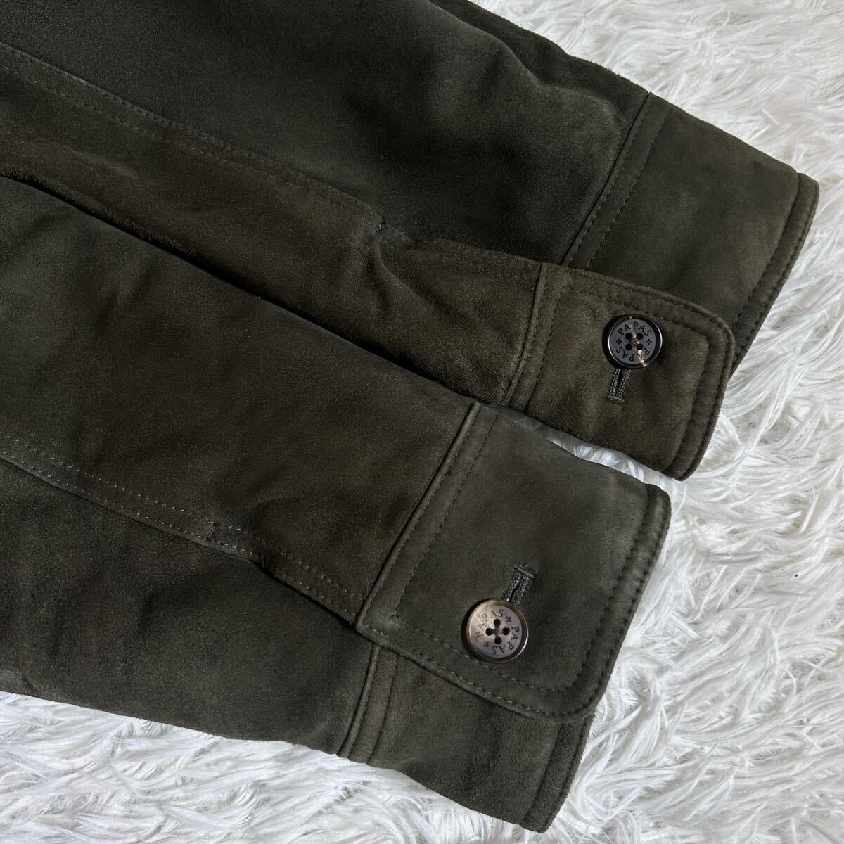 良品【希少!LLサイズ】Papas+ パパス やぎ革 ゴートスエード レザージャケット ブルゾン ダークグリーン 中綿キルティング カバーオール_画像8