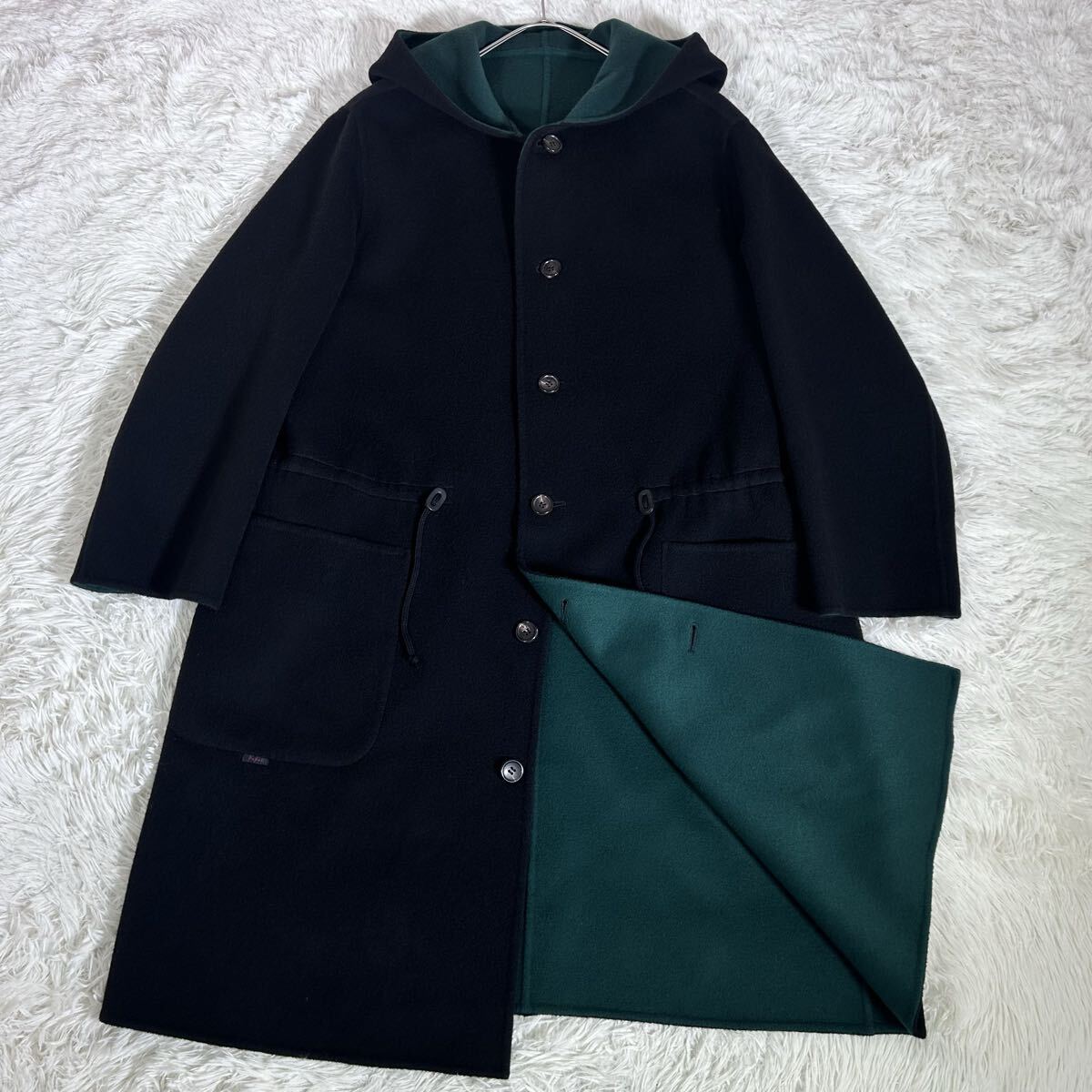 未使用級【カシミヤ100%】Papas パパス フーデッドコート ロング丈 厚手 ダブルフェイス Mサイズ ブラック／グリーン メンズ ロングコート_画像1