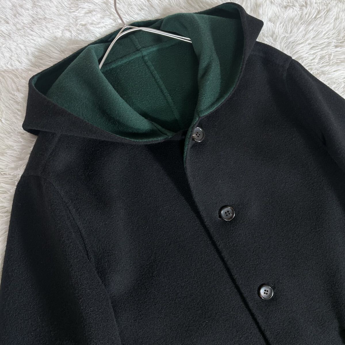 未使用級【カシミヤ100%】Papas パパス フーデッドコート ロング丈 厚手 ダブルフェイス Mサイズ ブラック／グリーン メンズ ロングコート_画像5