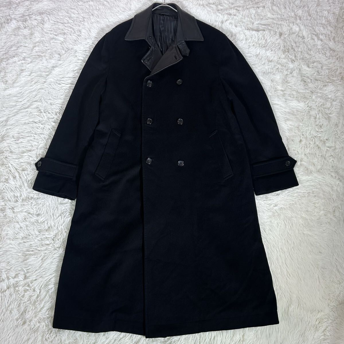 最高級【カシミヤ100%】barassi バラシ チェスターコート ロング丈 羊革 ラムレザー切替え ブラック 黒 48 メンズ L〜XLサイズ相当_画像2