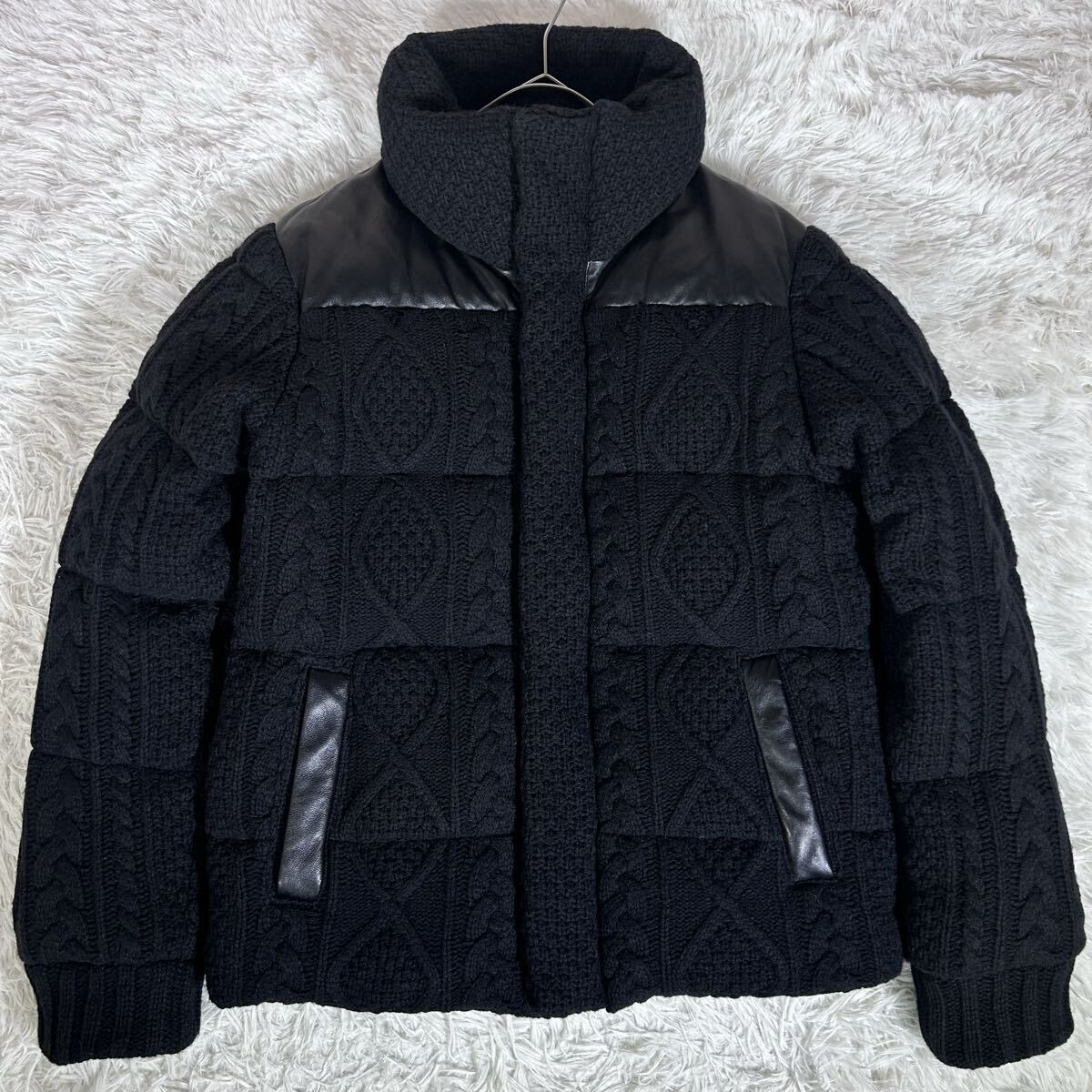 【美品】The DUFFER of ST.GEORGE ダファー ダウンジャケット ケーブルニット 羊革 ラムレザー切替え L ブラック 裏地ペイズリー柄 肉厚_画像2