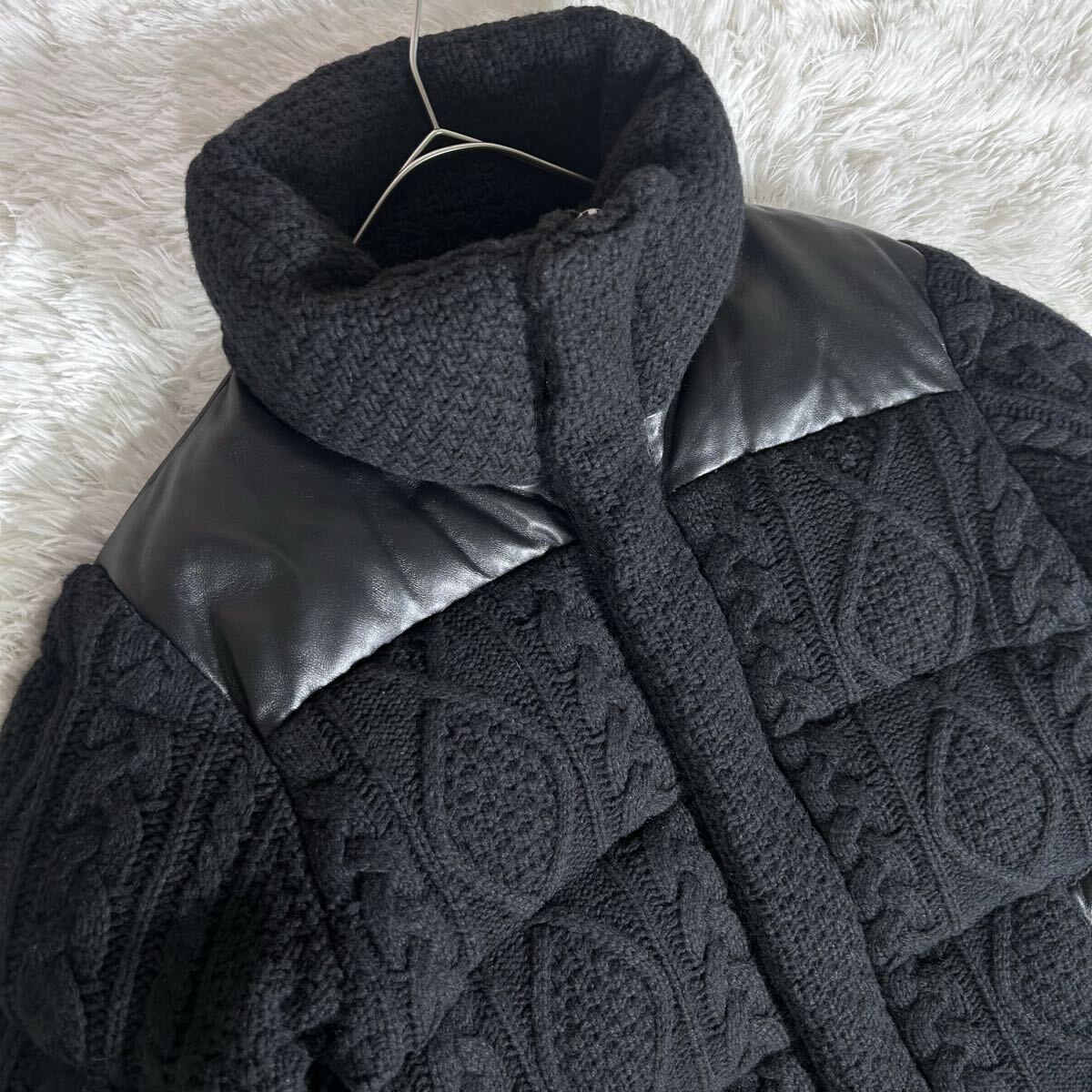 【美品】The DUFFER of ST.GEORGE ダファー ダウンジャケット ケーブルニット 羊革 ラムレザー切替え L ブラック 裏地ペイズリー柄 肉厚_画像5